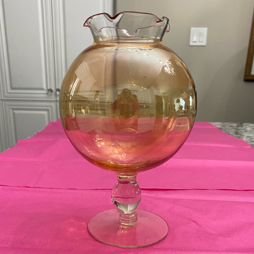 EUC Libbey Globe Iridescent Gold Candle Holder with a Bubbled Glass Pedestal